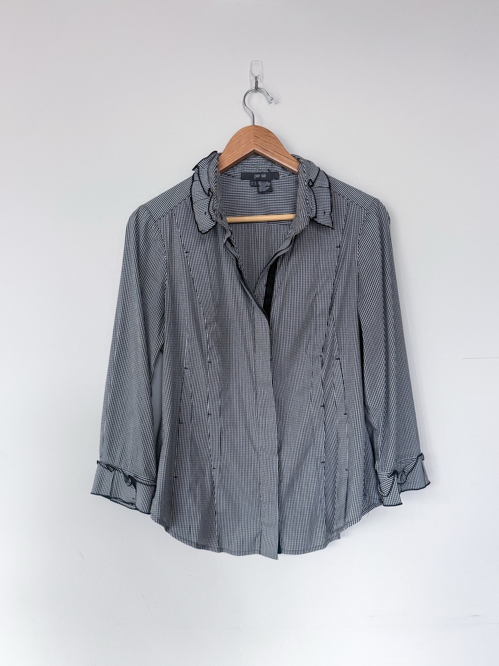 Vintage Per Se Black White Ruffle Detail Checkered Button Down Blouse Top